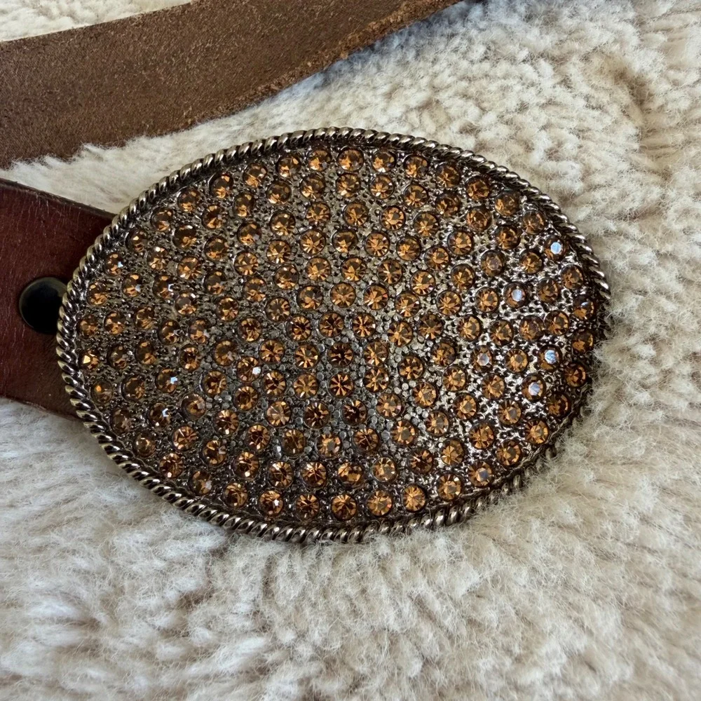 Vintage Brown Leather Western Belt Oval‎ Rhinestone Buckle Tooled Mexico Size 32